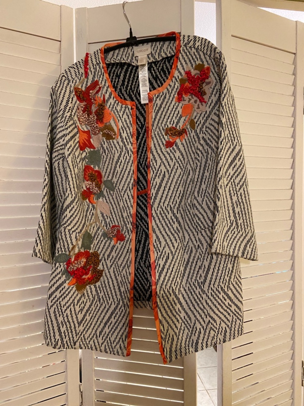 Chico's White and Black Patterned Embroidered Open Front Jacket with Orange Trim